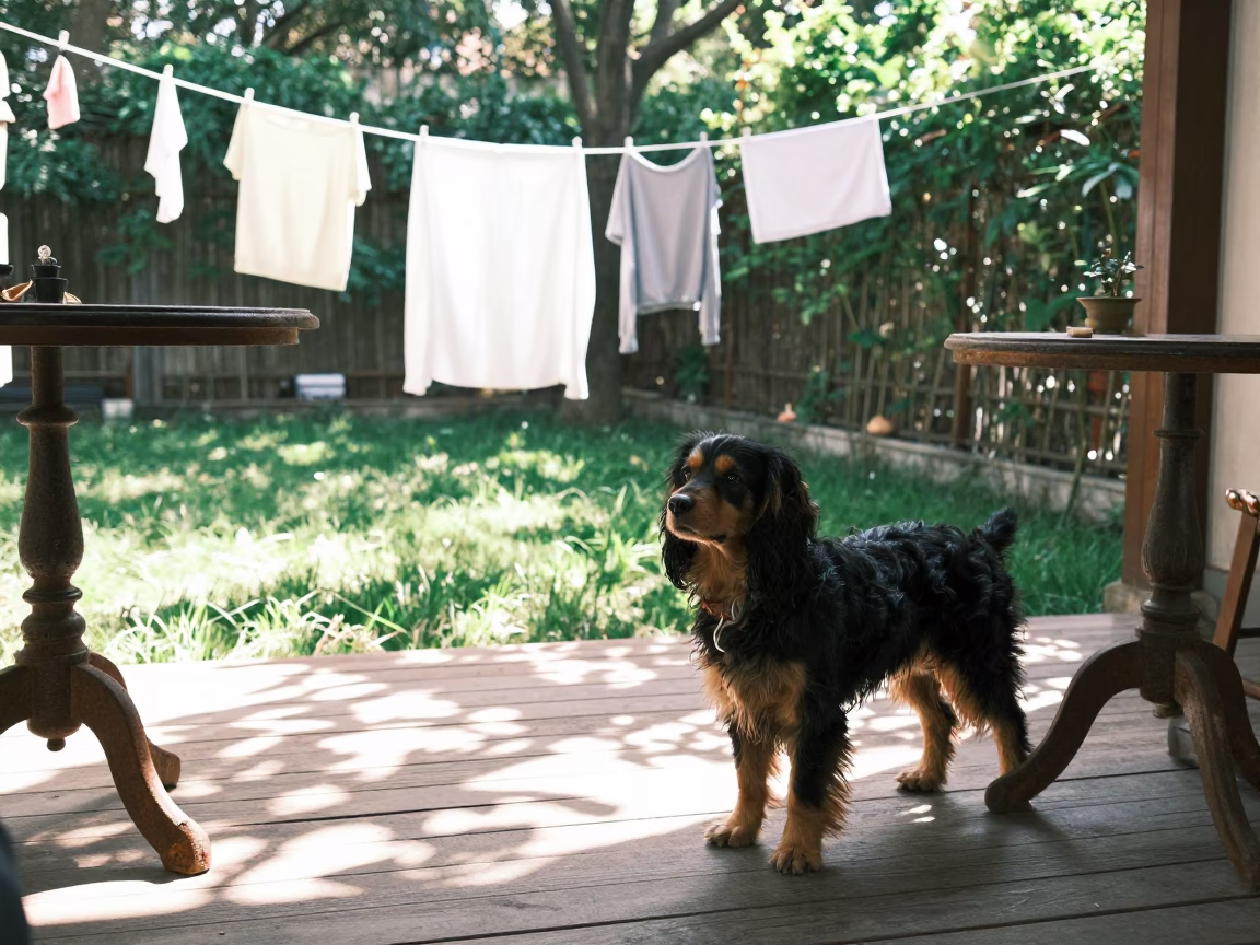 English Toy Spaniel on Moganshan Porch in in a small yard with clipped grass, calm light, and the animal centered in frame in Moganshan Road, Shanghai