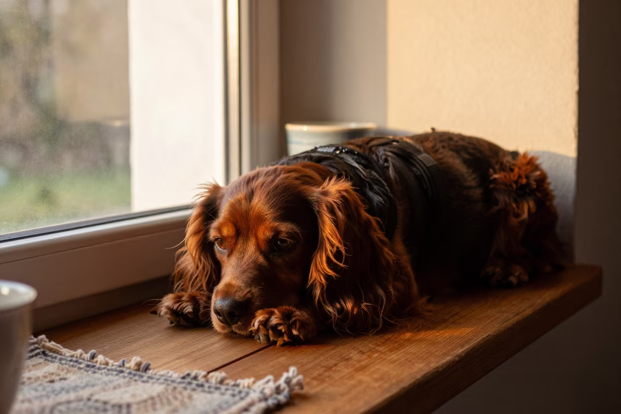English Toy Spaniel on Window Seat at Sunset in on a window seat in a quiet apartment with soft side light near Tiflet