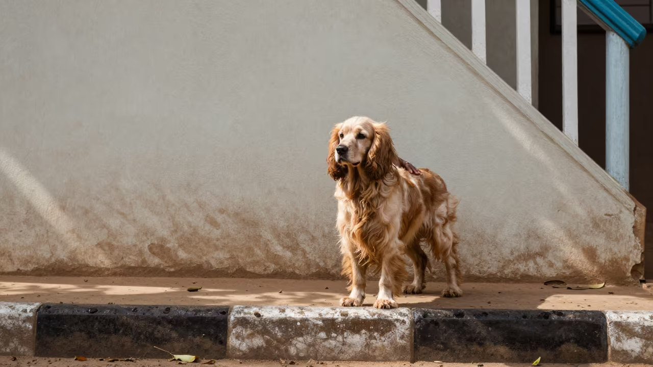 English Toy Spaniel Portrait by Courtyard Wall in beside a plain courtyard wall in clear daylight with the animal at eye level in Awka