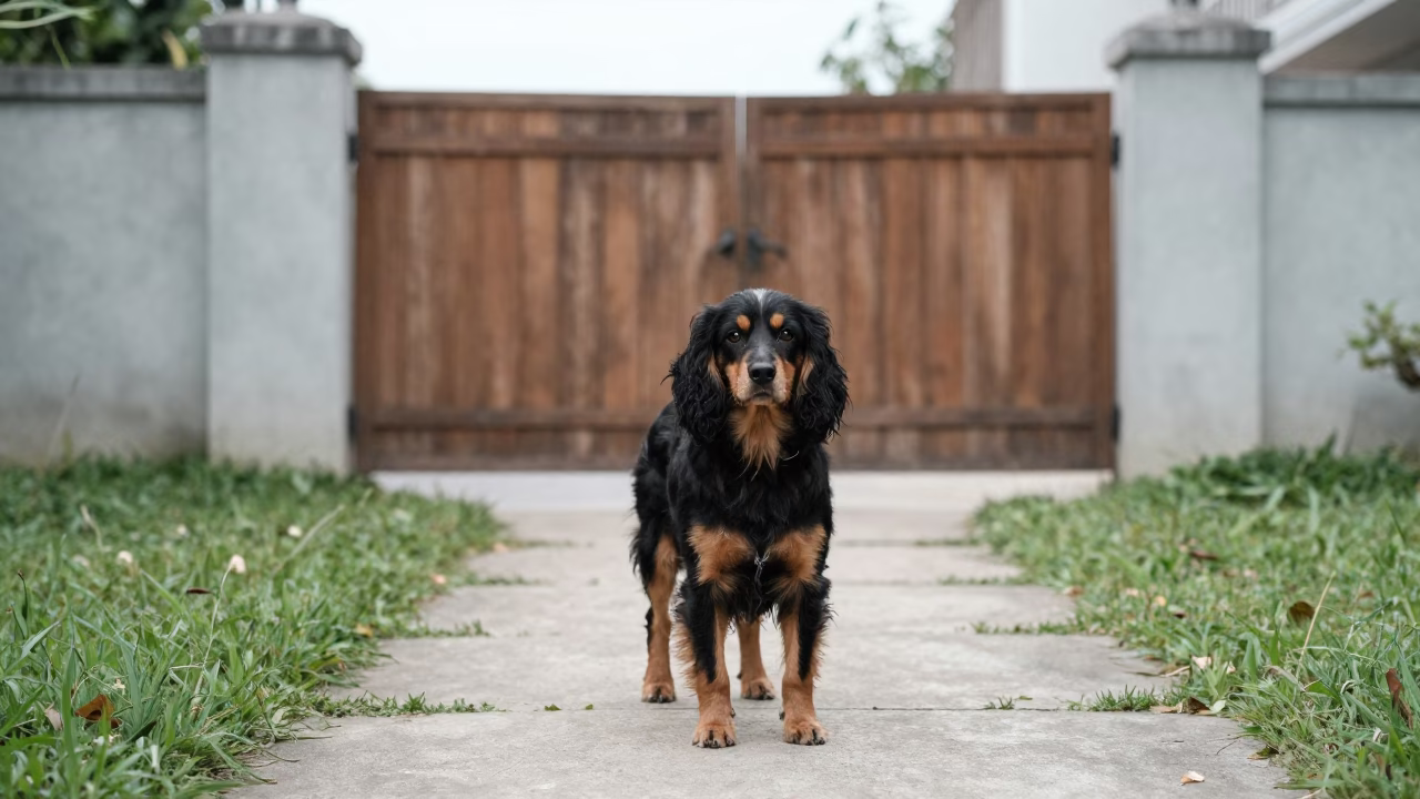 English Toy Spaniel Portrait in Can Tho Yard in in a small yard with clipped grass, calm light, and the animal centered in frame in Can Tho