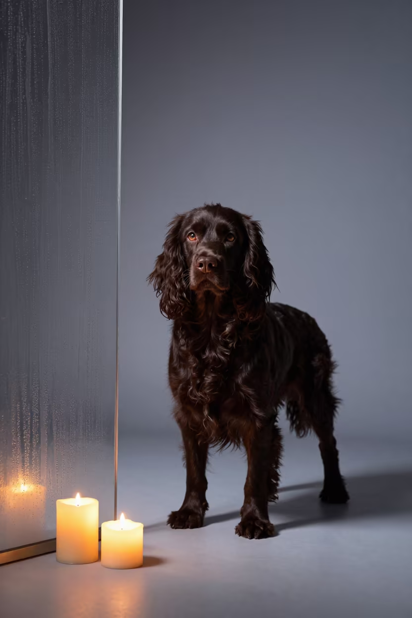 English Toy Spaniel Portrait in Candlelight in in a quiet portrait studio with a plain backdrop and eye-level framing near Blantyre