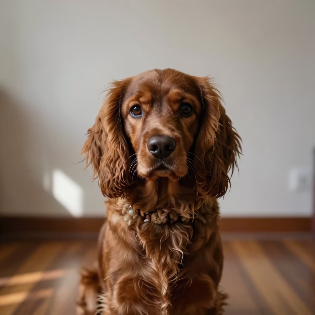 English Toy Spaniel Portrait in Jerusalem in beside a plain plaster wall in soft indoor light with the animal centered in frame in Mahane Yehuda, Jerusalem