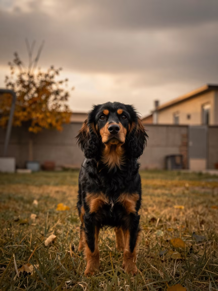 English Toy Spaniel Portrait in Kabul Yard in in a small yard with clipped grass, calm light, and the animal centered in frame in Kabul