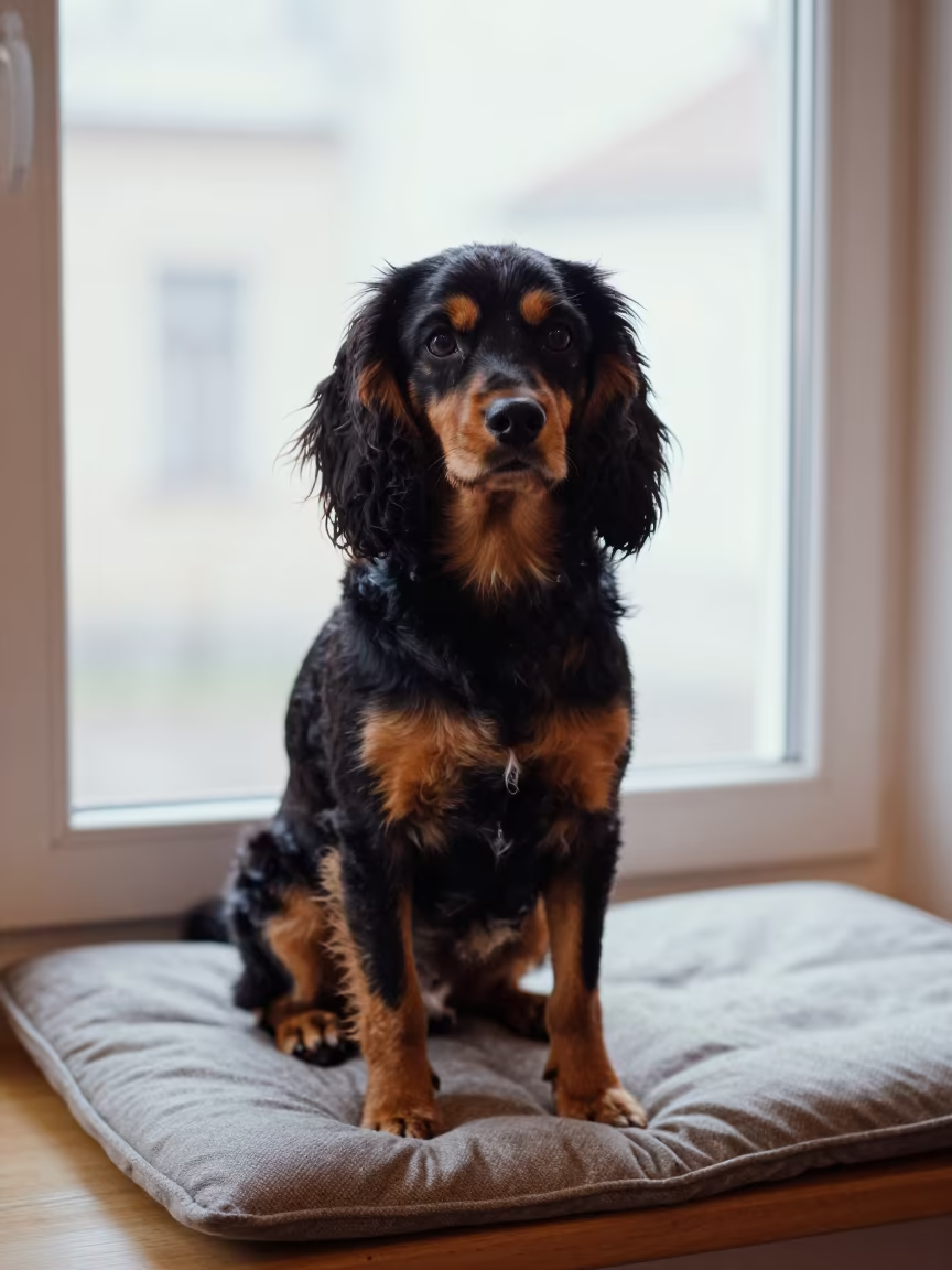 English Toy Spaniel Portrait in Szeged Window Light in on a cushioned window seat with soft side light and an uncluttered background in Szeged