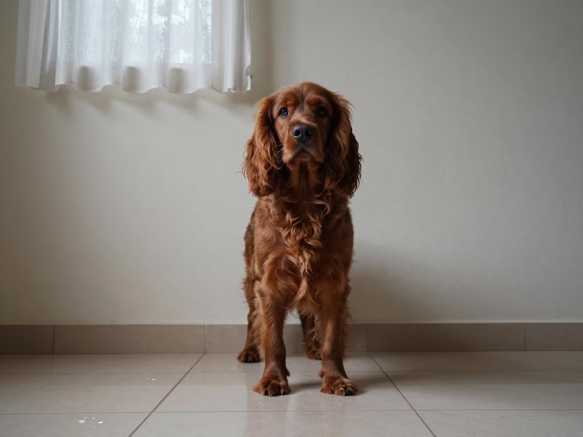 English Toy Spaniel Portrait Near Godavarikhani in beside a plain plaster wall in soft indoor light with the animal centered in frame near Godavarikhani