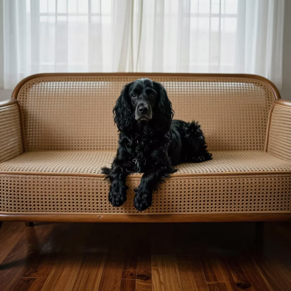English Toy Spaniel Portrait on Mumbai Sofa in on a sofa near a curtained window with calm indoor light in Mumbai