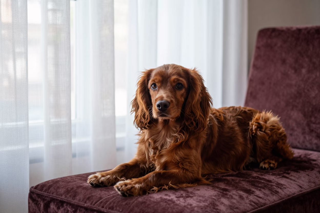 English Toy Spaniel Portrait on Sofa Near Window in on a sofa near a curtained window with calm indoor light in Cartagena