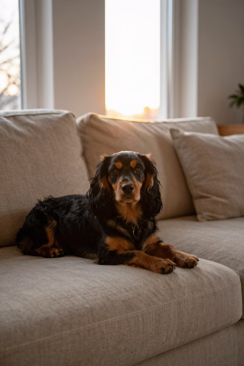 English Toy Spaniel Resting on Linen Sofa in Berlin Sunset in on a linen sofa with daylight from a nearby window near Tempelhof, Berlin
