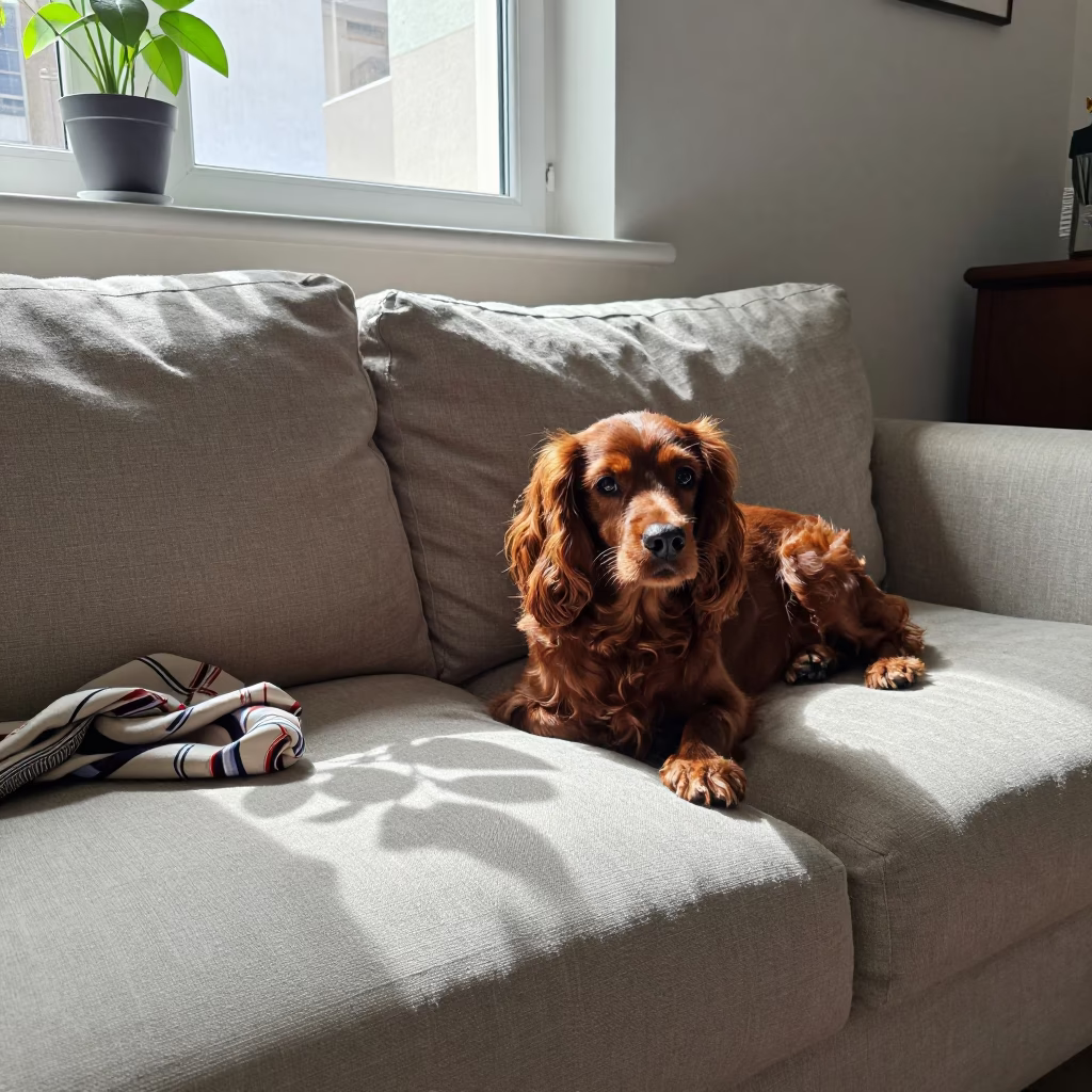 English Toy Spaniel Resting on Linen Sofa in on a linen sofa with daylight from a nearby window in Benghazi