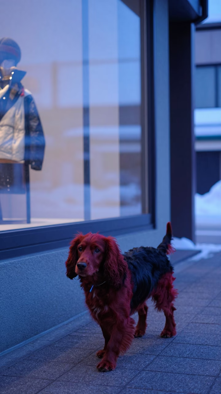 English Toy Spaniel with red coat walking on Sapporo pavement under evening blue light in in Sapporo, Japan