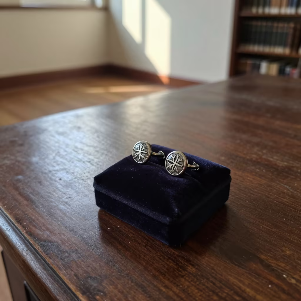 Engraved Cufflink Box on Velvet in Library Light in on a dusty library table near Azaz