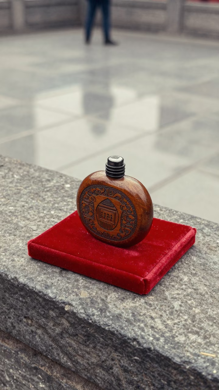 Engraved Snuff Box on Velvet Stone Ledge Xi'an in on a stone ledge in Xian