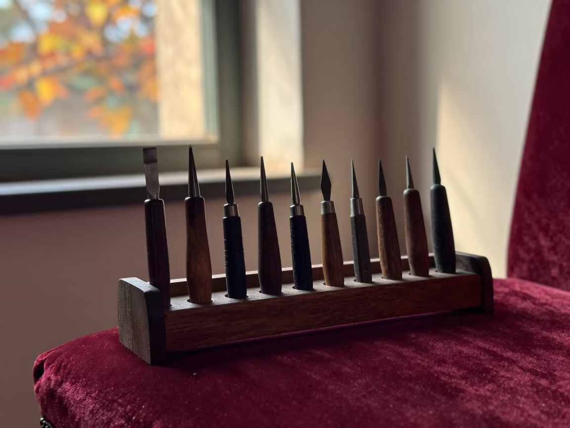 Engraving Burins Resting on Velvet Chair in on a velvet chair near Rajshahi