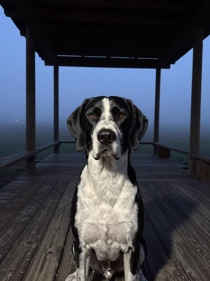 Ensenada Pointer Portrait Blue Hour Porch in on a shaded front porch with boards, railings, and eye-level framing in Ensenada