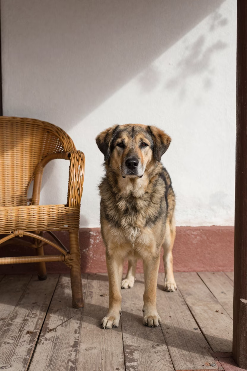 Entlebucher Dog on Quito Porch Wall in beside a plain courtyard wall in clear daylight with the animal at eye level near Quito