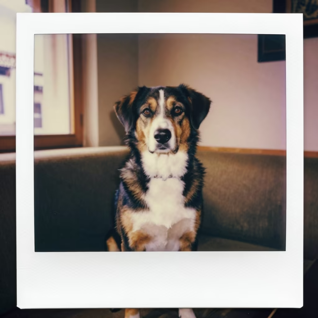 Entlebucher Dog Portrait in Lhasa Room in on a sofa near a curtained window with calm indoor light in Potala, Lhasa