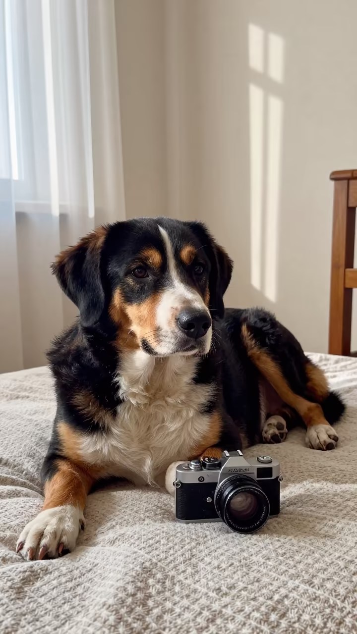 Entlebucher Dog Resting on Bedspread Near Window in on a bedspread near a bright window with calm indoor light near Bishkek