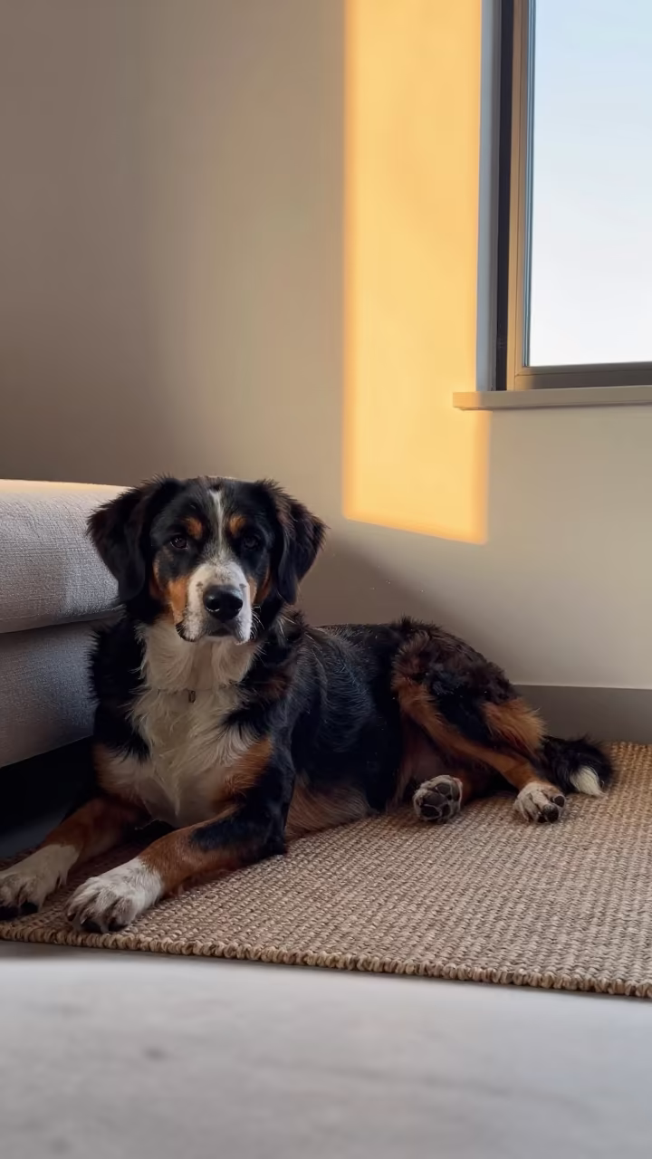 Entlebucher Dog Resting on Rug in Kathmandu Home in on a woven rug beside a low couch and an uncluttered wall in Durbar Square, Kathmandu