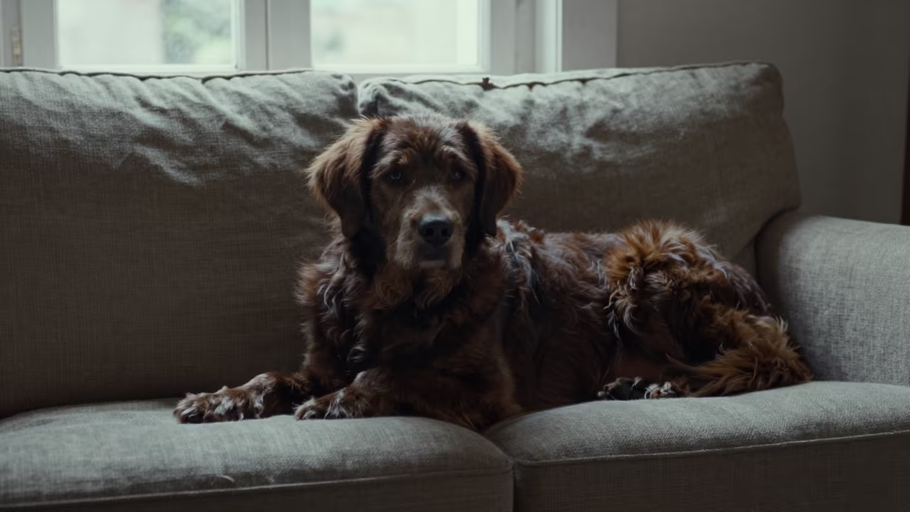 Entlebucher Dog Resting on Sofa in 1990s Tbilisi in on a linen sofa with daylight from a nearby window near Rustaveli, Tbilisi