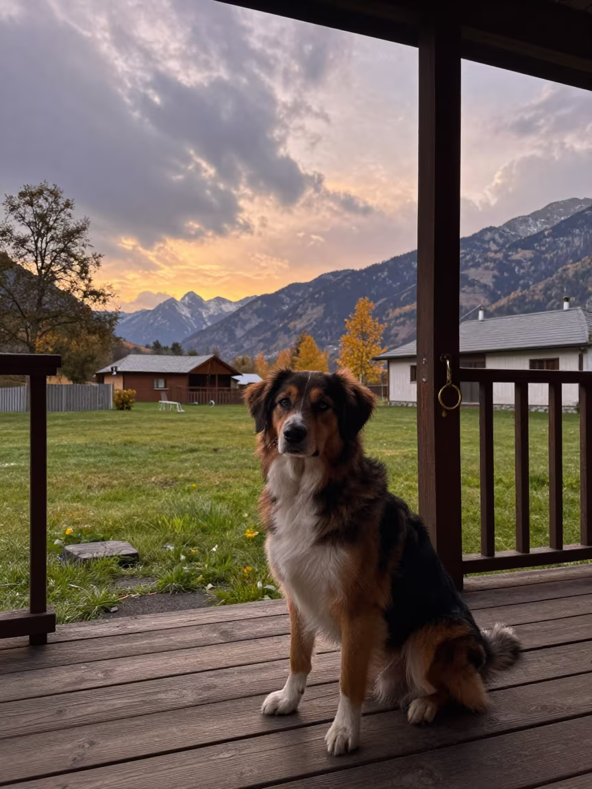Entlebucher Mountain Dog on Almaty Porch in in a small yard with clipped grass, calm light, and the animal centered in frame in Almaty
