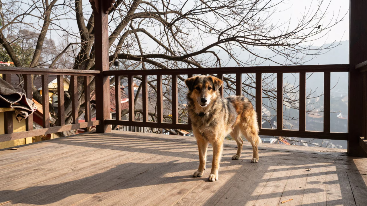 Entlebucher Mountain Dog on Shaded Kathmandu Porch in on a shaded front porch with boards, railings, and eye-level framing near Kathmandu