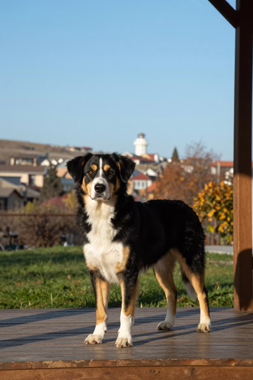Entlebucher Mountain Dog on Shaded Tbilisi Porch in in a small yard with clipped grass, calm light, and the animal centered in frame in Tbilisi