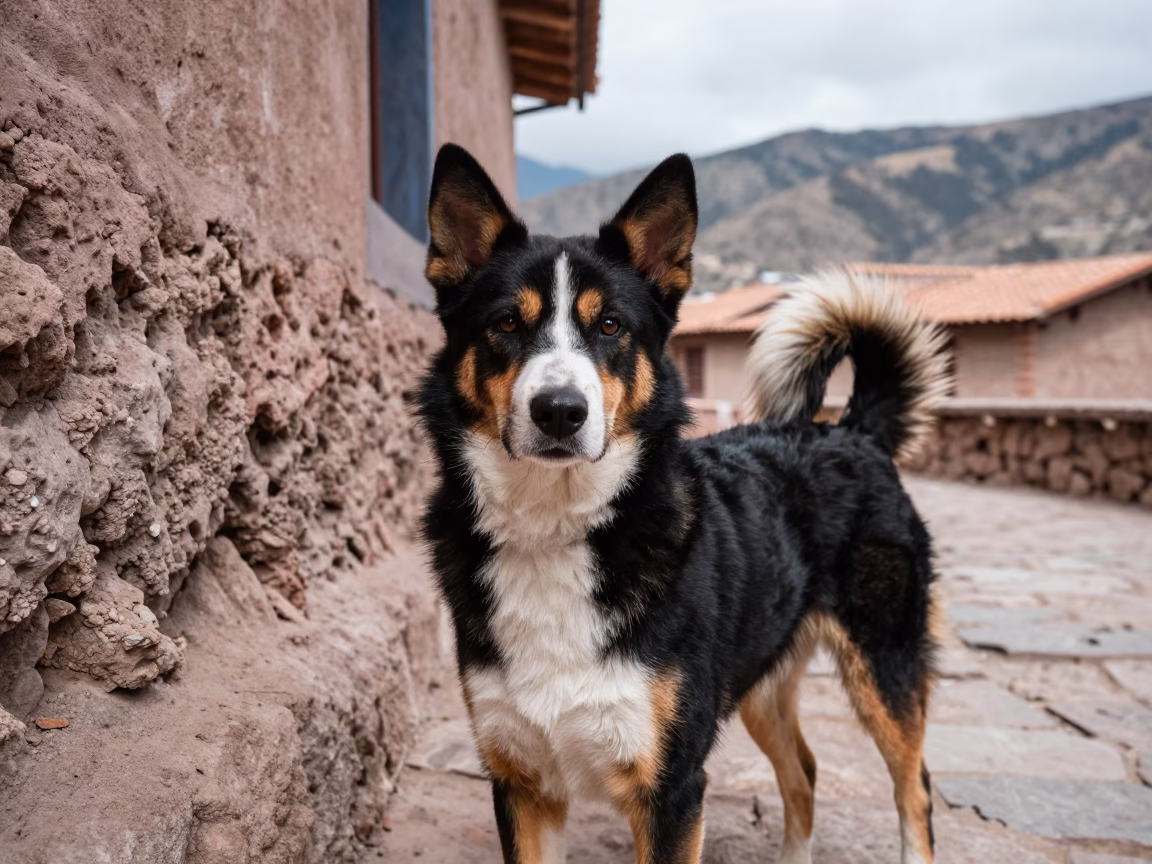 Entlebucher Mountain Dog Portrait Beside Cusco Wall in beside a plain courtyard wall in clear daylight with the animal at eye level in Cusco