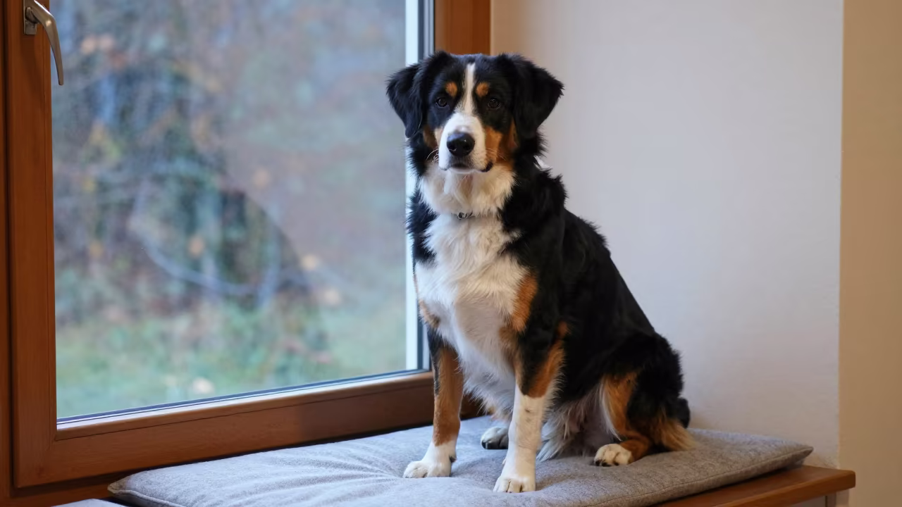 Entlebucher Mountain Dog Portrait in Kathmandu Window Light in on a cushioned window seat with soft side light and an uncluttered background in Kathmandu