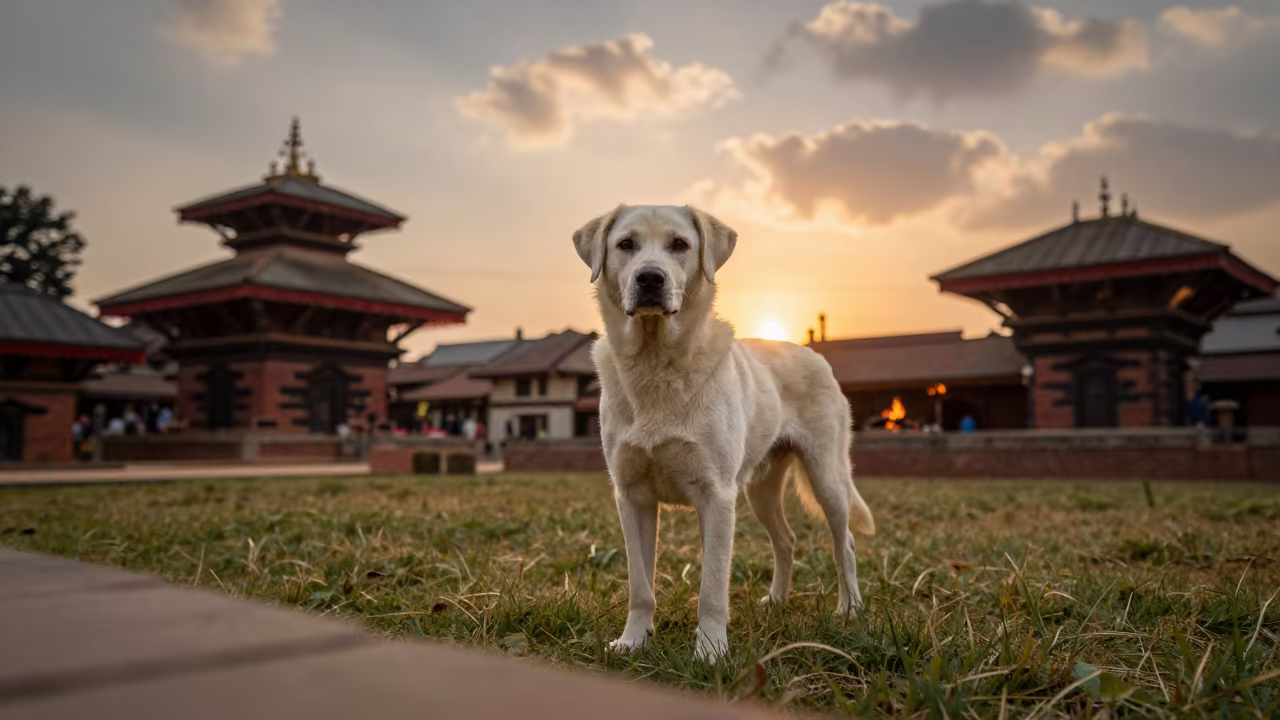 Entlebucher Mountain Dog Portrait in Kathmandu Yard in in a small yard with clipped grass, calm light, and the animal centered in frame near Durbar Square, Kathmandu