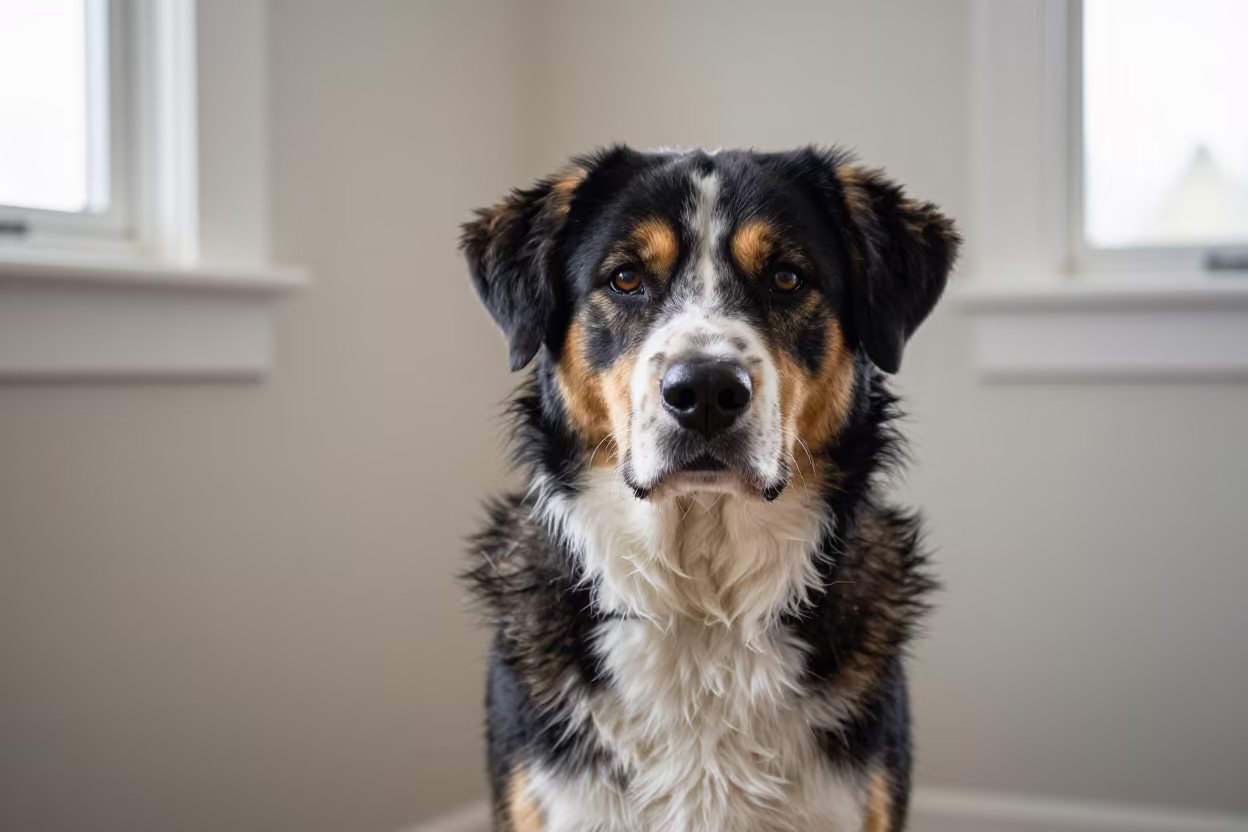 Entlebucher Mountain Dog Portrait in Soft Indoor Light in beside a plain plaster wall in soft indoor light with the animal centered in frame in Vancouver