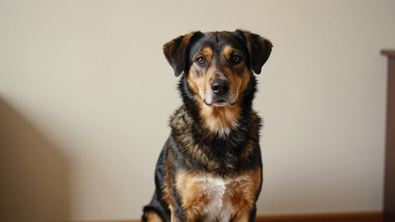 Entlebucher Mountain Dog Portrait Innsbruck in beside a plain plaster wall in soft indoor light with the animal centered in frame in Innsbruck