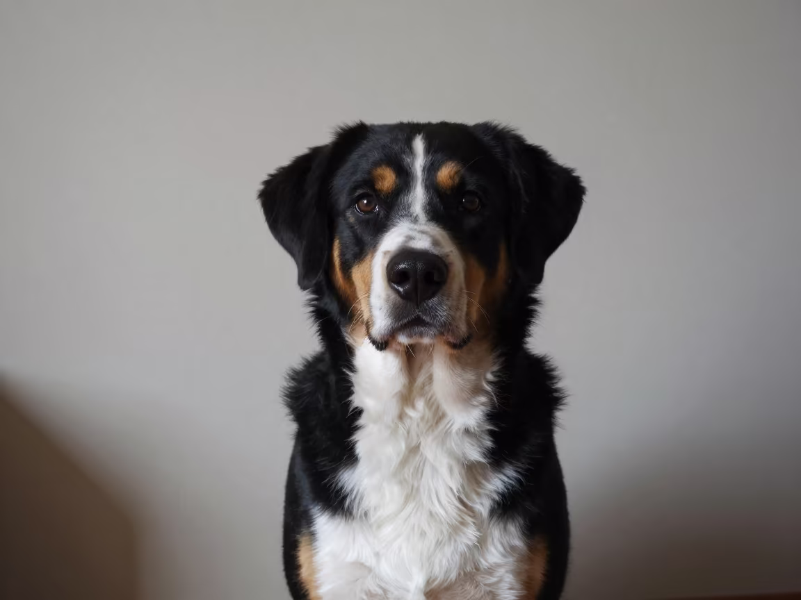 Entlebucher Mountain Dog Portrait Near Leh in beside a plain plaster wall in soft indoor light with the animal centered in frame near Leh
