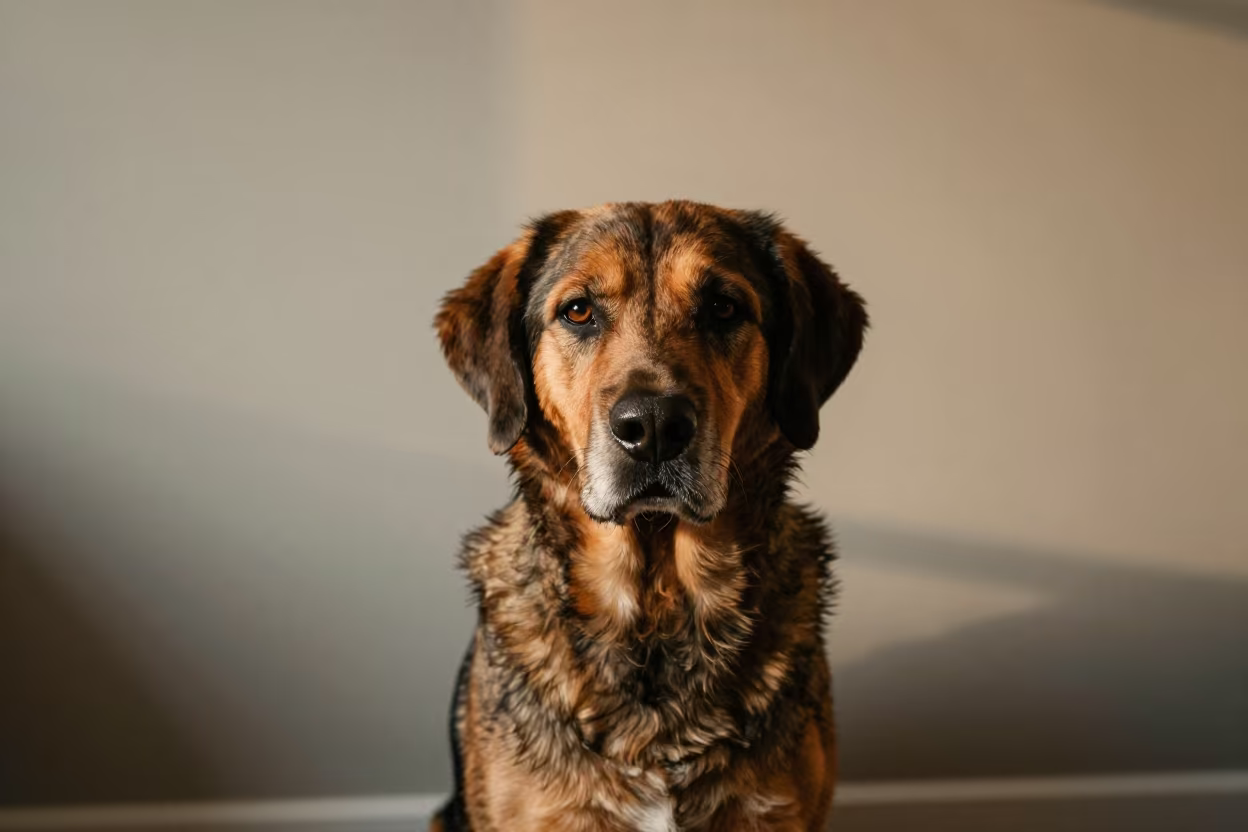 Entlebucher Mountain Dog Portrait Vancouver in beside a plain plaster wall in soft indoor light with the animal centered in frame in Commercial Drive, Vancouver