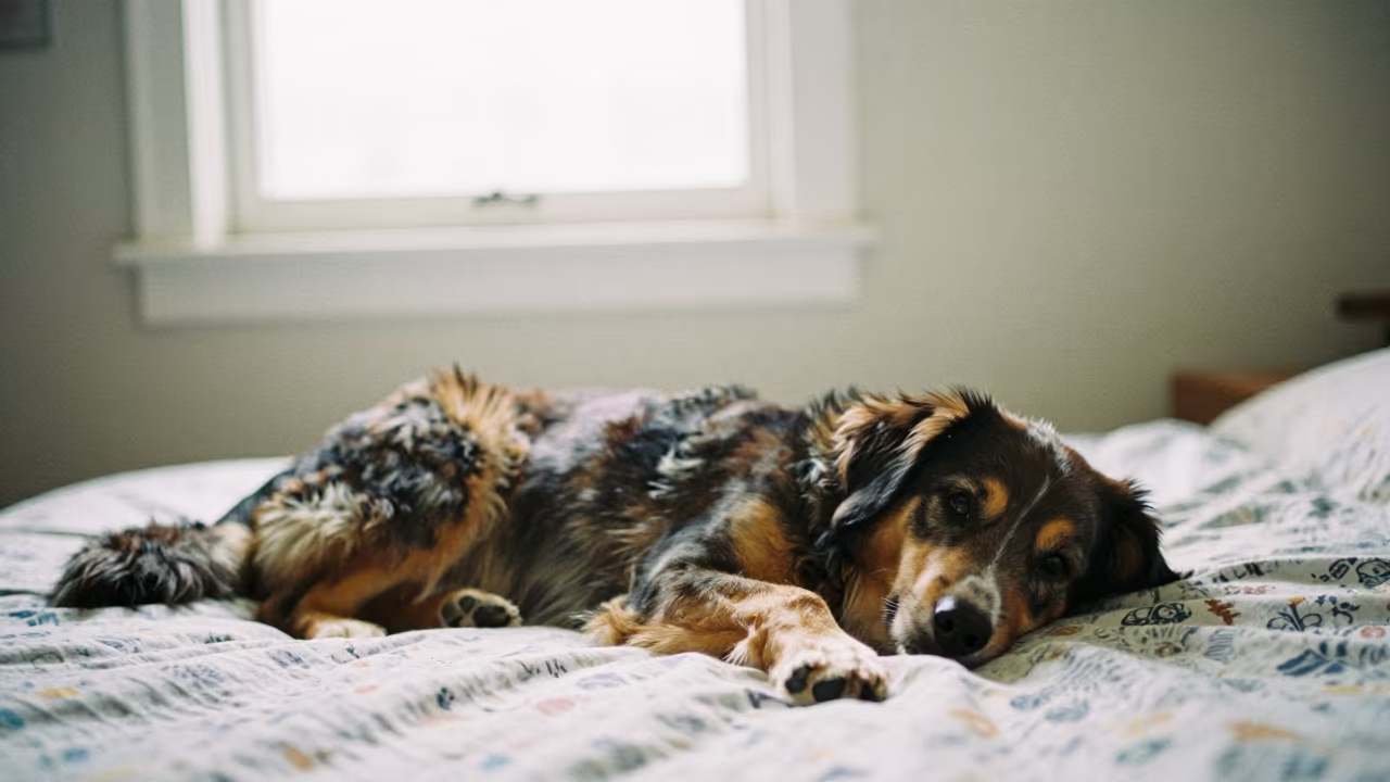 Entlebucher Mountain Dog Resting on Bedspread in on a bedspread near a bright window with calm indoor light in Pokhara