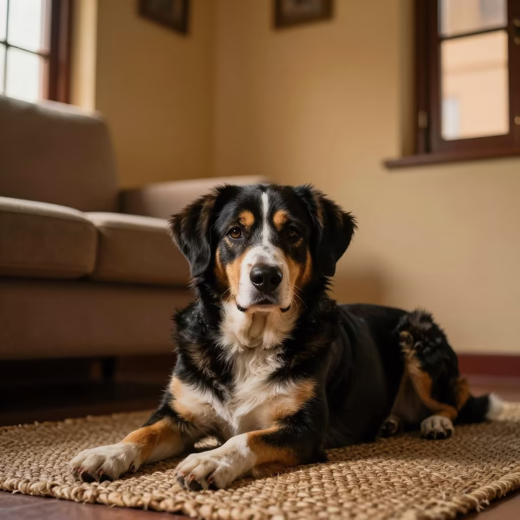 Entlebucher Mountain Dog Resting on Woven Rug in on a woven rug beside a low couch and an uncluttered wall in Kathmandu