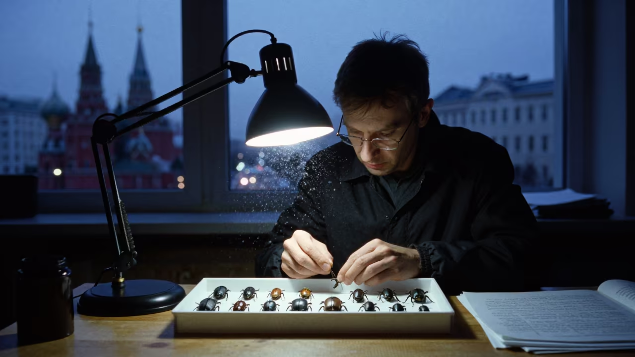 Entomologist Pinning Beetles at Blue Hour in in Red October, Moscow