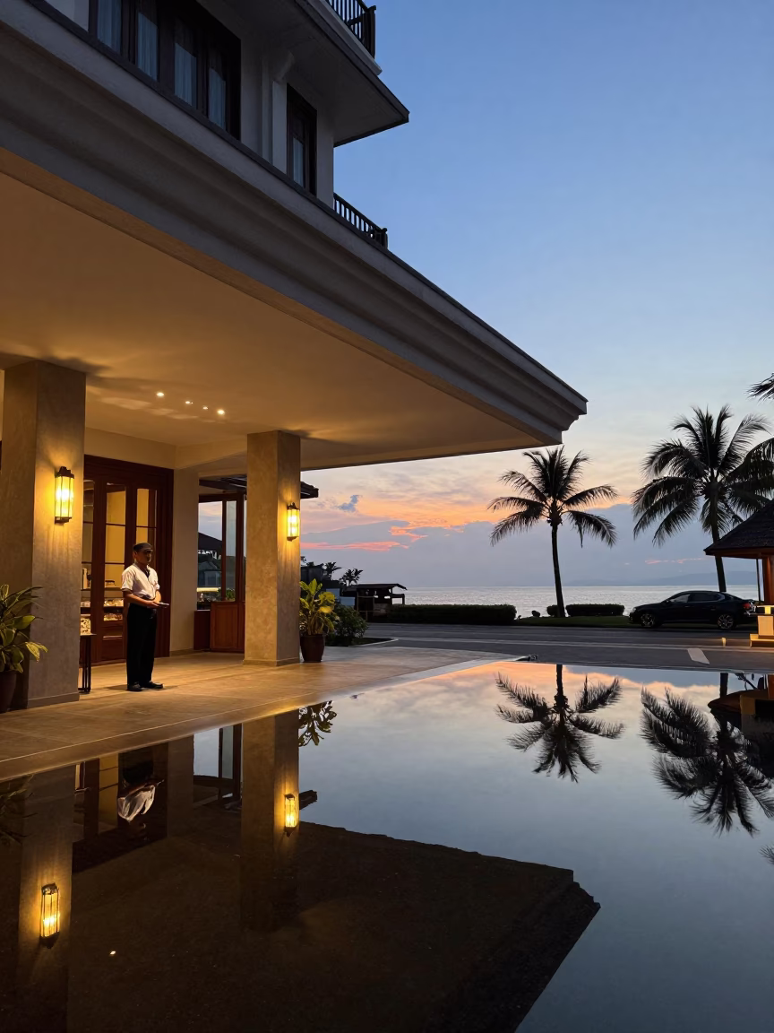 Entrance Reflections at The Still Hours Before Dawn Light in Phuket in in Phuket, Thailand