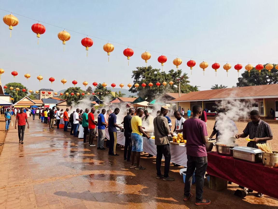 Enugu Festival Food Queue Under Paper Lanterns in at a public square during a festival in Enugu