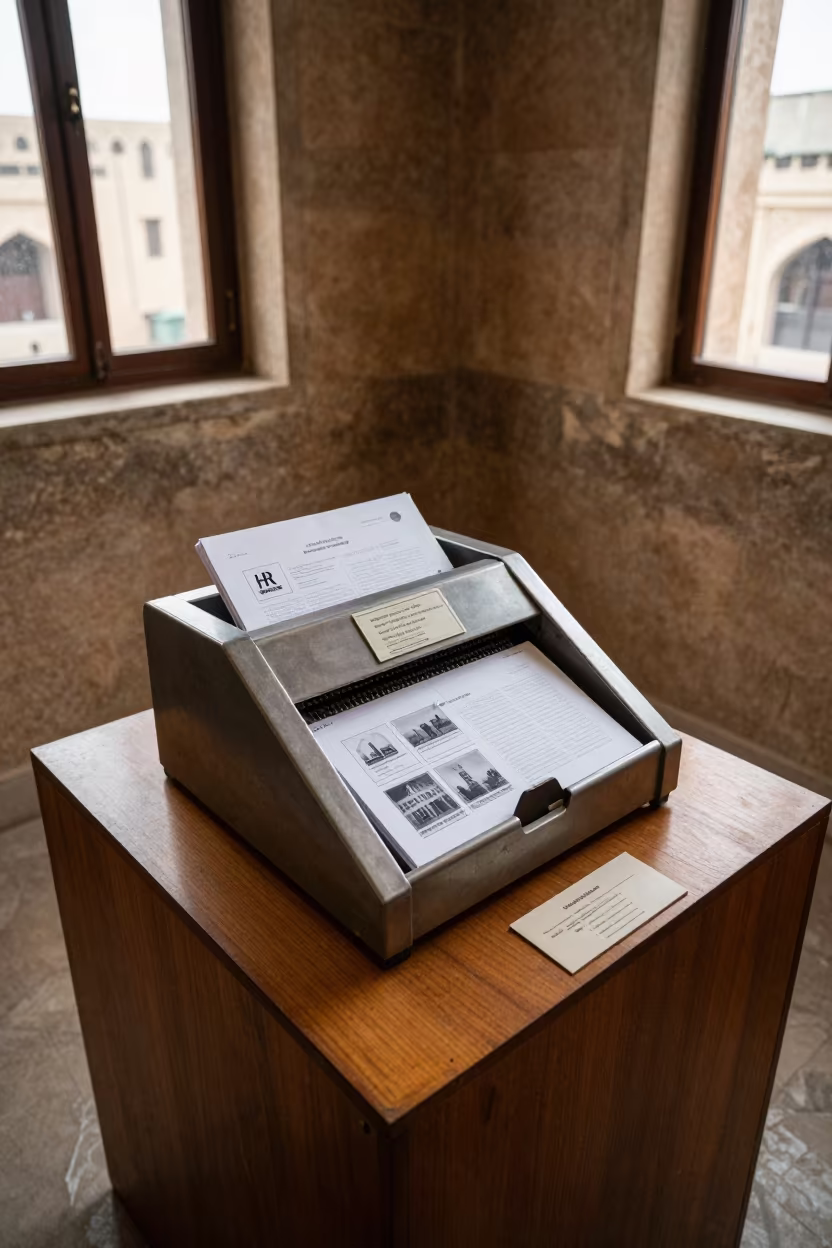 Envelope Sorter on Museum Plinth in Sana'a in on a museum plinth in Sana'a
