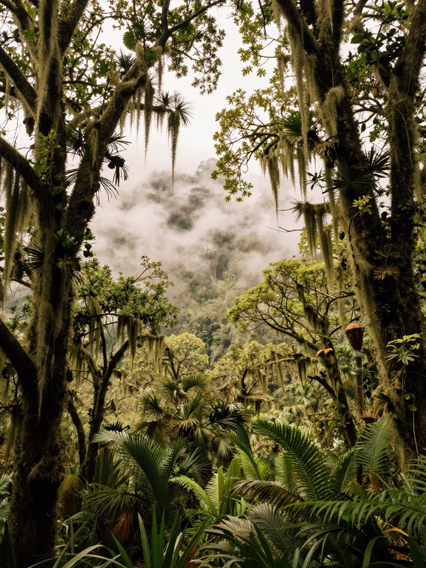 Epiphyte-Draped Trees in French Cloud Forest Noon in in France