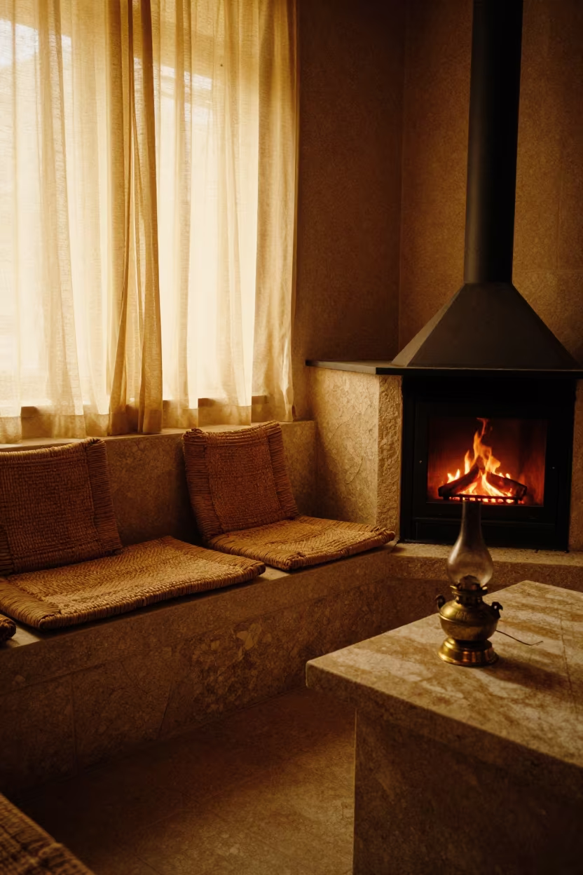 Erbil Kitchen Bench by Fireplace with Cushions in by a crackling fireplace in Erbil