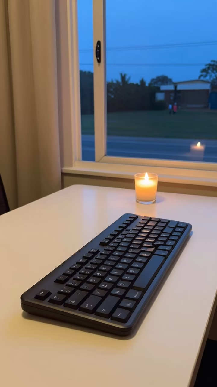 Ergonomic Keyboard on Cafe Table by Fortaleza Window in on a cafe table by a window near Fortaleza