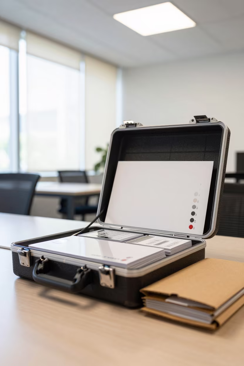 Ergonomics Kit Case on Boardroom Table Dalian in at a boardroom table before a meeting near Dalian
