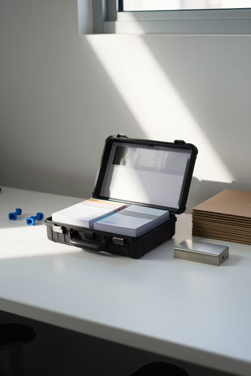 Ergonomics measuring kit case on office desk with dust in light in inside a coworking floor in Can Tho