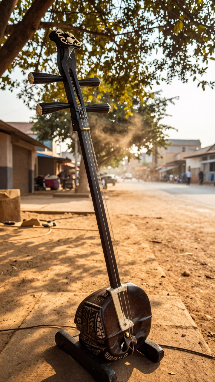 Erhu on Carved Stand Awka Street Corner in at a street corner busking spot in Awka