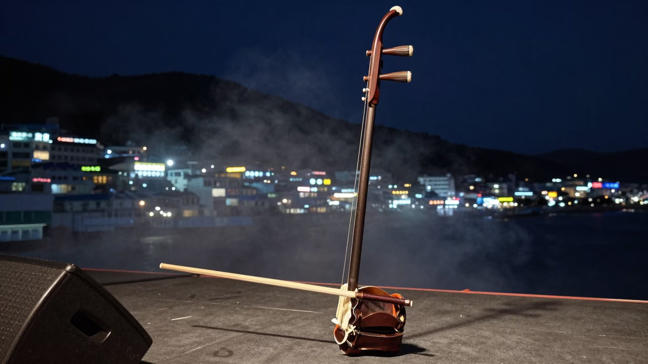 Erhu on Carved Stand Under Night Spotlights in on a dimly lit stage in Gamcheon, Busan