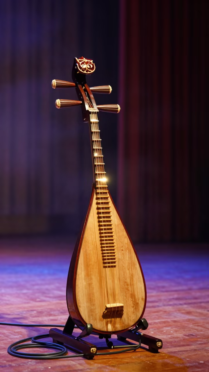 Erhu on Carved Stand Under String Lights in Surat in in a concert hall in Surat