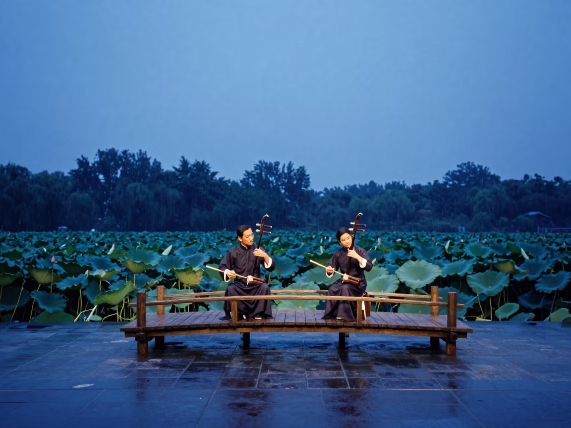 Erhu Duo Performs on Bridge Over Lotus Pond in on a theater stage in Wuhan
