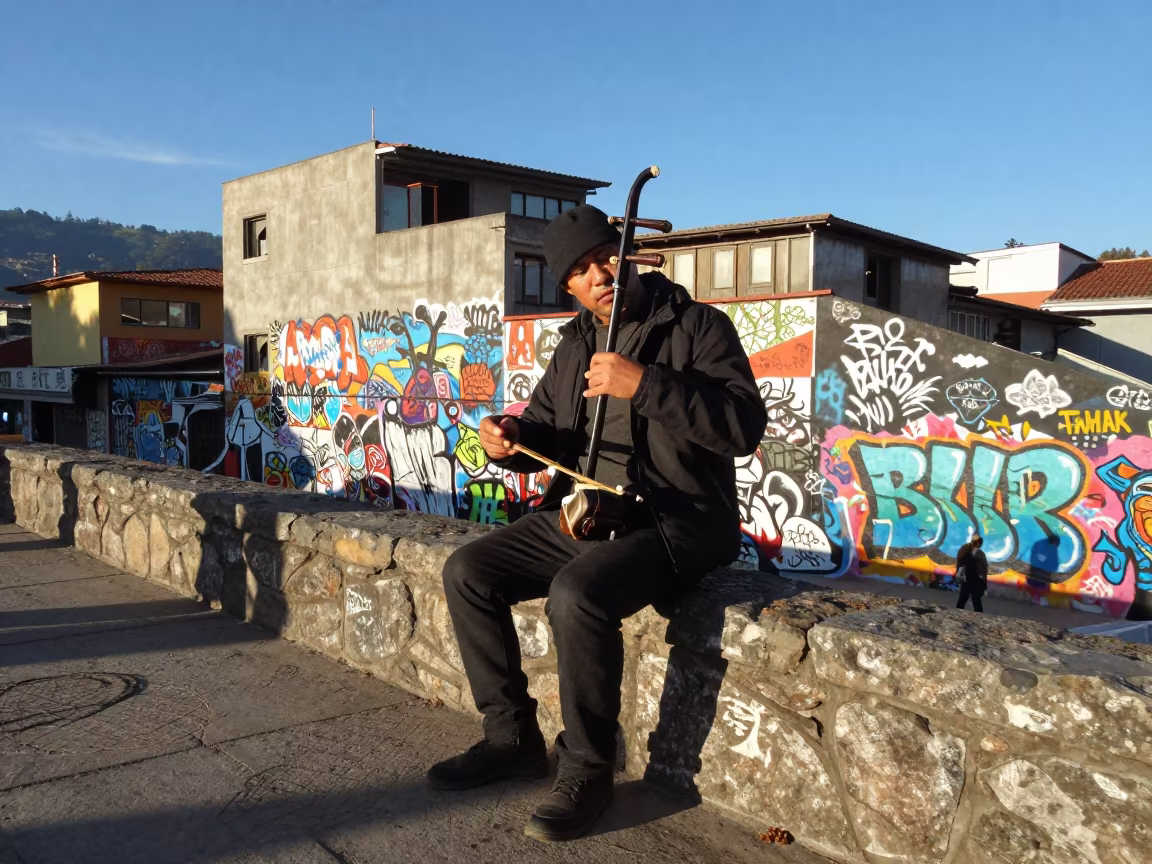 Erhu Player on Bogota Bridge in Late Afternoon in at a jazz club in Graffiti District, Bogota