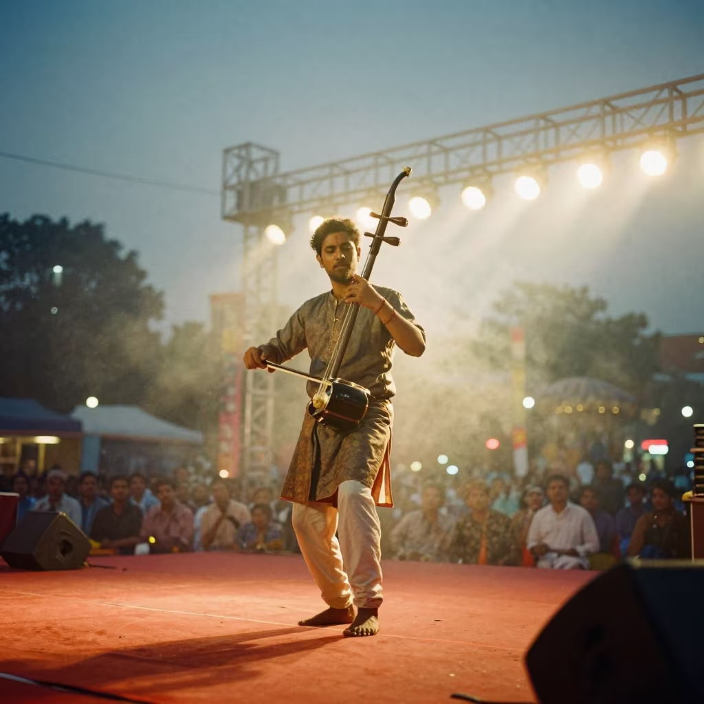Erhu Player on Moonlit Bridge Stage in Sangli in on a festival main stage in Sangli